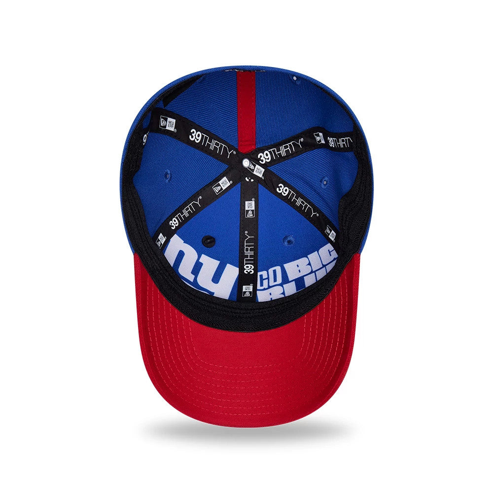 New York Giants NFL Draft 2026 Blue New Era 39THIRTY M-Crown Stretch Fit Cap, inside view showing the blue cap lining with Go Big Blue print, black taping with 39THIRTY branding, and a red undervisor.