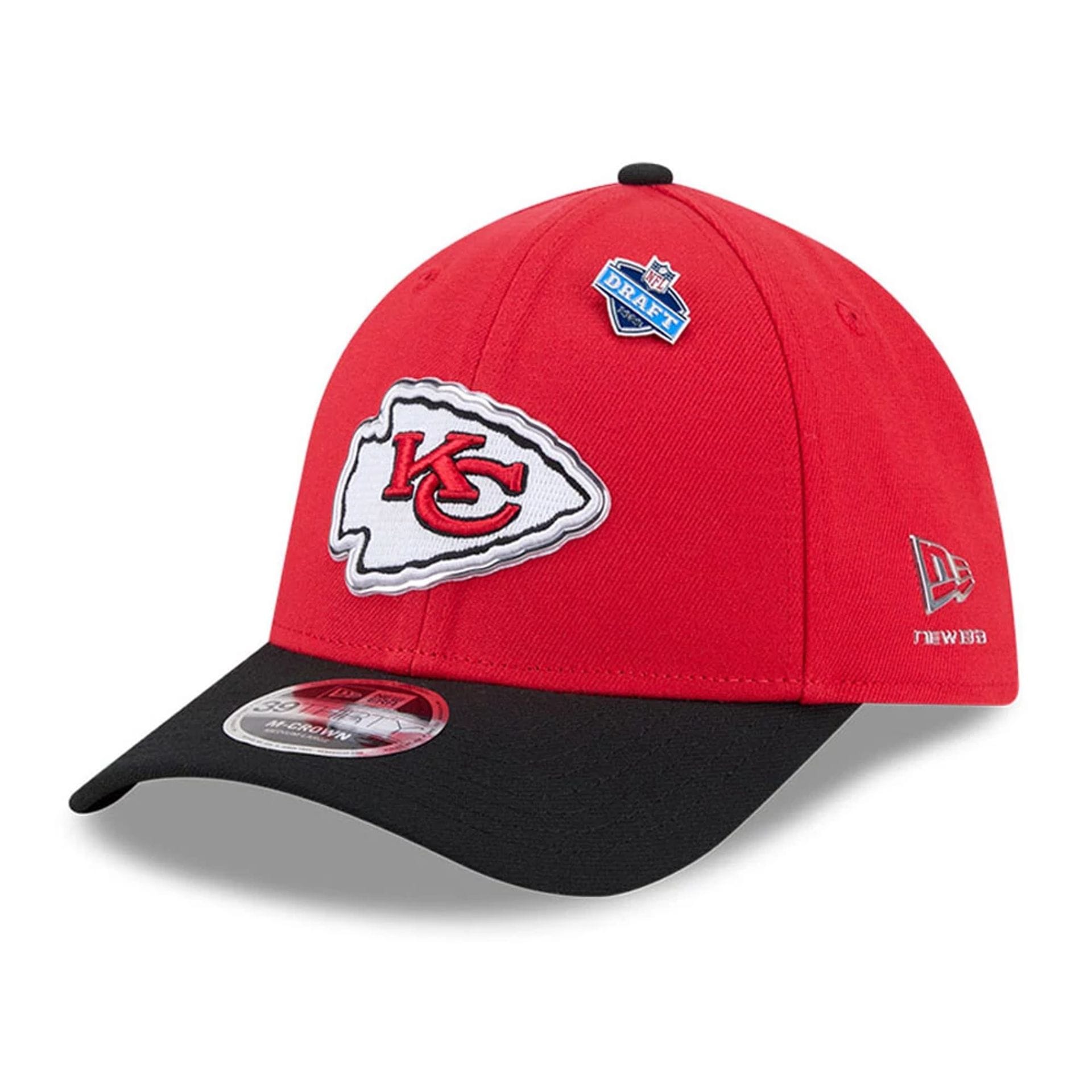 Pictured is this NFL Draft 2026 Kansas City Chiefs 39THIRTY M-Crown Stretch Fit cap in red. 1
