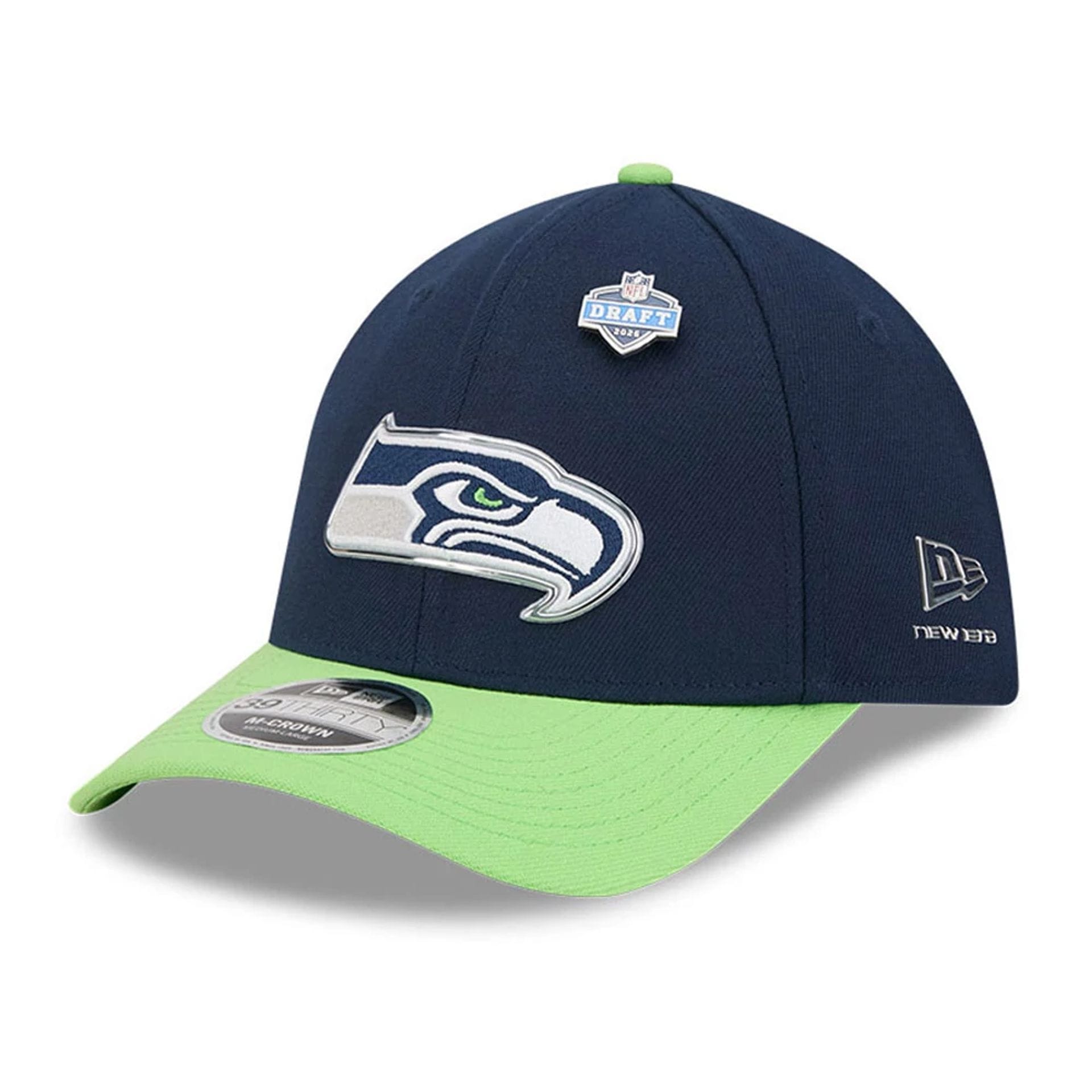 Pictured is this NFL Draft 2026 Seattle Seahawks 39THIRTY M-Crown Stretch Fit cap in dark blue. 1