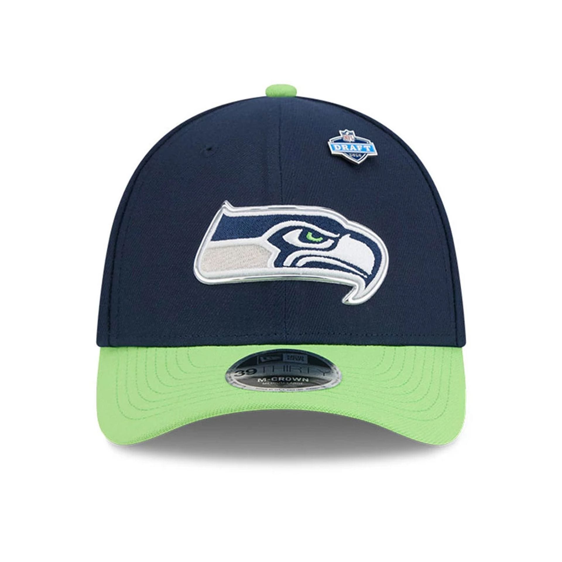 Pictured is this NFL Draft 2026 Seattle Seahawks 39THIRTY M-Crown Stretch Fit cap in dark blue. 3