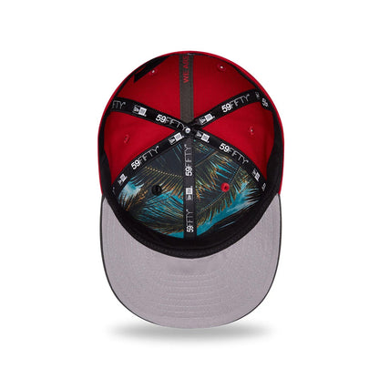 Tampa Bay Buccaneers NFL Draft 2026 Red New Era 59FIFTY Fitted Cap, inside view showing the patterned undervisor with a palm leaf design, black and white 59FIFTY taping, red and black interior panels, and a grey sweatband.