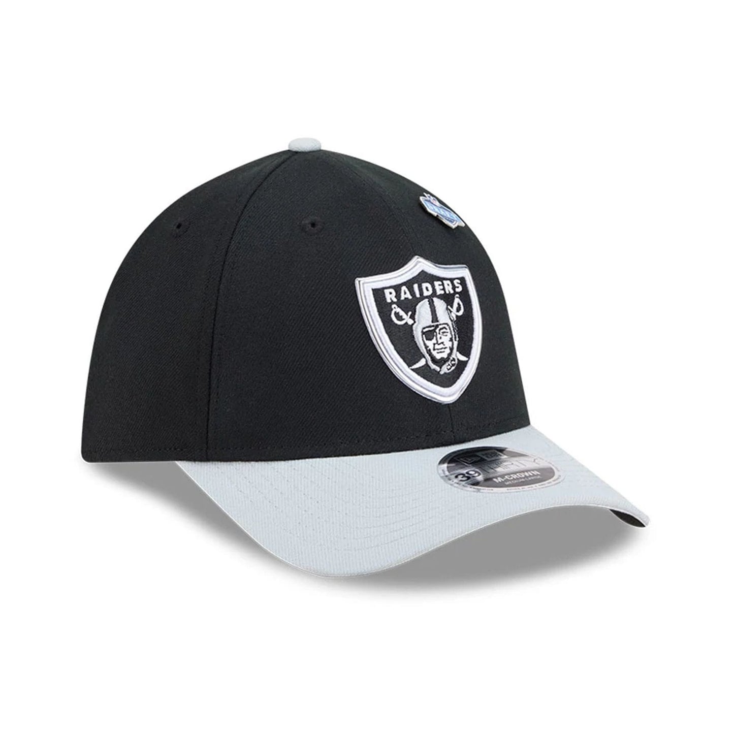 Pictured is this NFL Draft 2026 Las Vegas Raiders 39THIRTY M-Crown Stretch Fit cap in black. 4