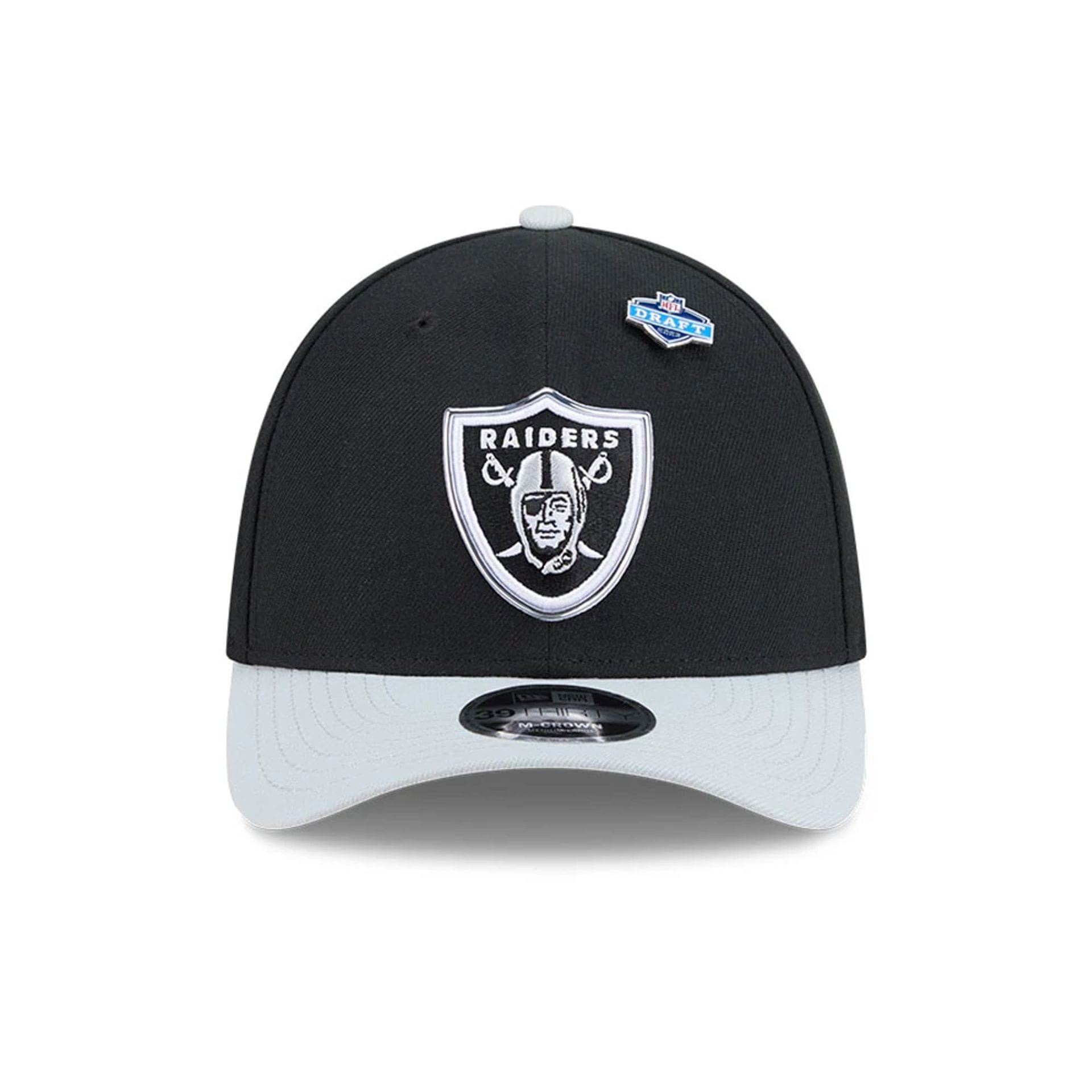 Pictured is this NFL Draft 2026 Las Vegas Raiders 39THIRTY M-Crown Stretch Fit cap in black. 3