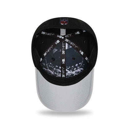 Raiders NFL Draft 2026 Black New Era 39THIRTY M-Crown Stretch Fit Cap, inside view showing black sweatband, grey undervisor, and black taping with repeated 39THIRTY and New Era logos, along with a grey printed design on the inside of the crown.