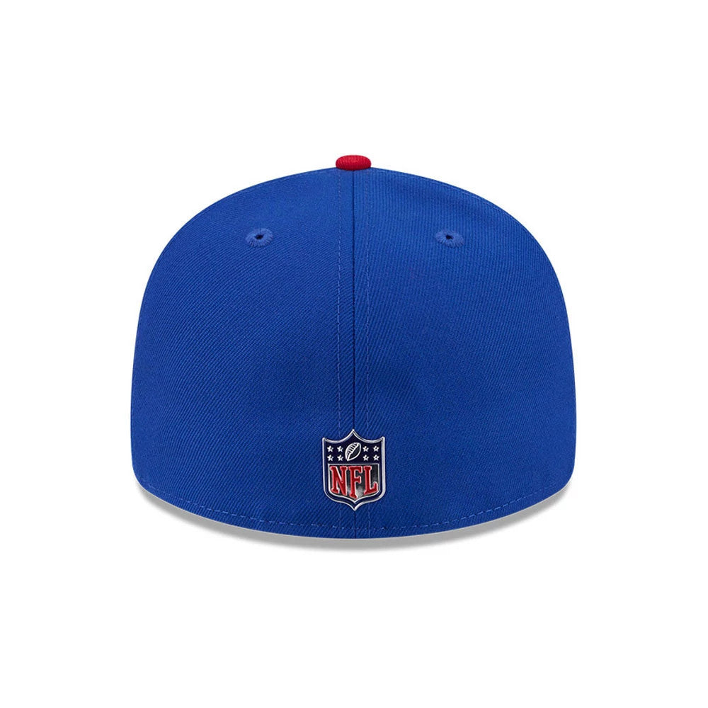 New York Giants NFL Draft 2026 Blue New Era 59FIFTY Fitted Cap, rear view showing the embroidered NFL shield logo at the centre of the back, surrounded by a structured blue crown with navy eyelets and a contrasting red top button.