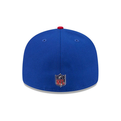 New York Giants NFL Draft 2026 Blue New Era 59FIFTY Fitted Cap, rear view showing the embroidered NFL shield logo at the centre of the back, surrounded by a structured blue crown with navy eyelets and a contrasting red top button.