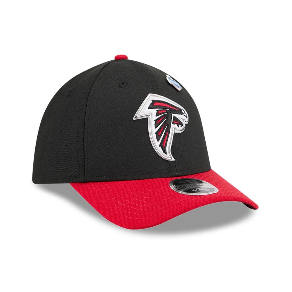 Pictured is this NFL Draft 2026 Atlanta Falcons 39THIRTY M-Crown Stretch Fit cap in black. 4