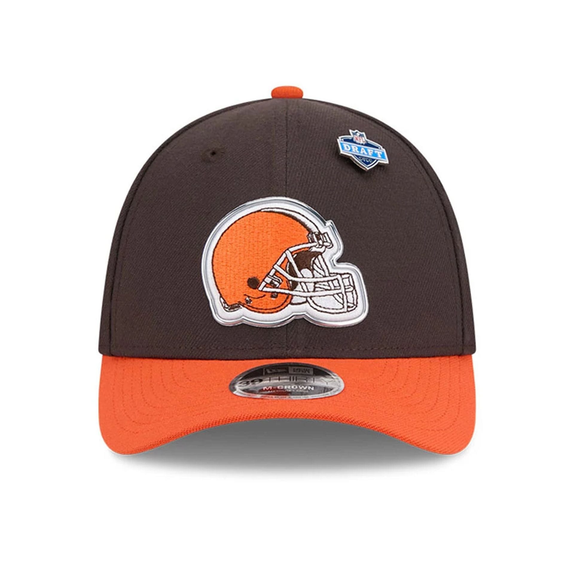 Pictured is this NFL Draft 2026 Cleveland Browns 39THIRTY M-Crown Stretch Fit cap in dark brown. 3