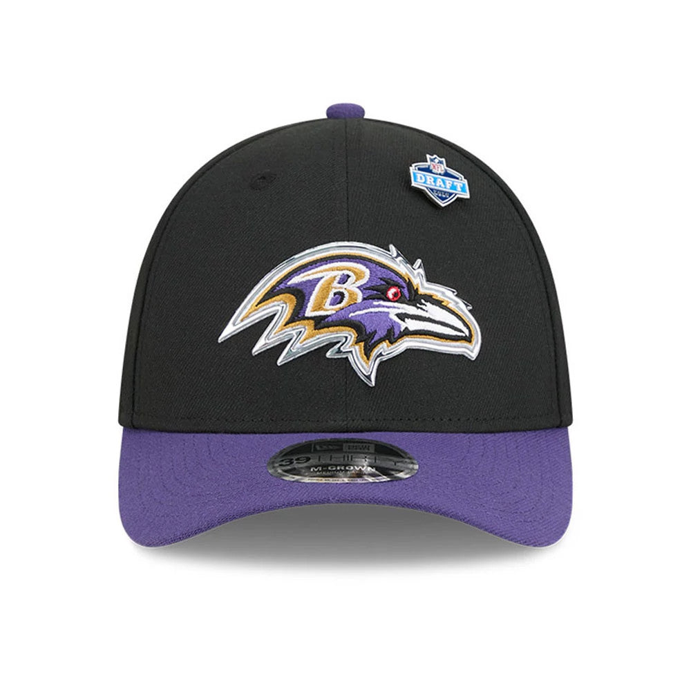 Pictured is this NFL Draft 2026 Baltimore Ravens 39THIRTY M-Crown Stretch Fit cap in black. 3