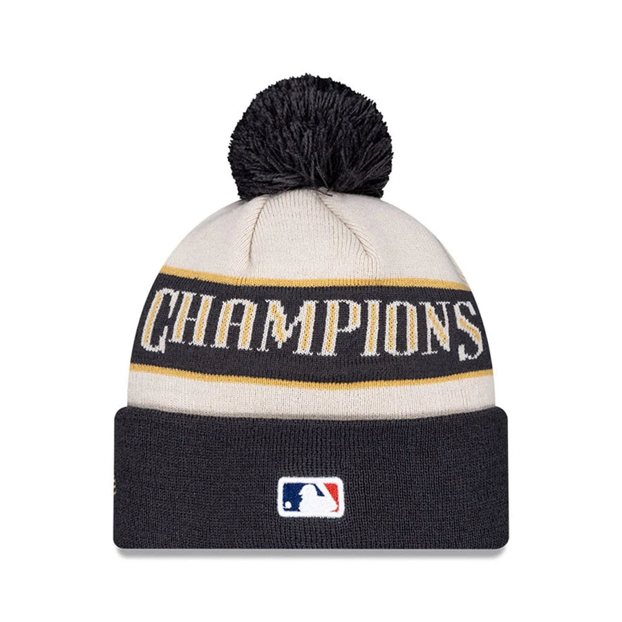 Pictured is this LA Dodgers MLB World Series Champions 2025 White Bobble Knit Beanie hat. 2