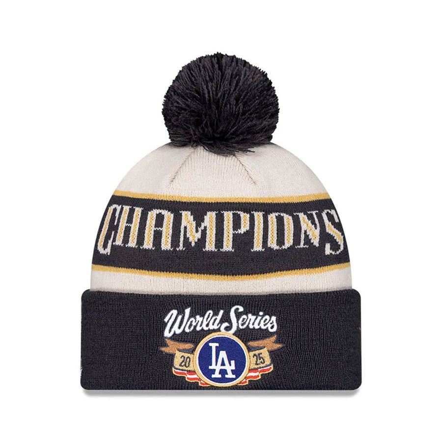 Pictured is this LA Dodgers MLB World Series Champions 2025 White Bobble Knit Beanie hat. 1