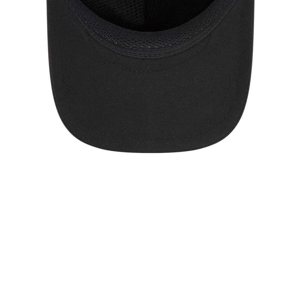 Chicago Bulls NBA Quickstrike Black New Era 9FORTY Apex Adjustable Cap, inside view showing the black undervisor, mesh sweatband around the interior, and detailed black stitching along the inside edge of the structured visor.