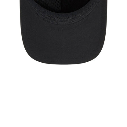 Chicago Bulls NBA Quickstrike Black New Era 9FORTY Apex Adjustable Cap, inside view showing the black undervisor, mesh sweatband around the interior, and detailed black stitching along the inside edge of the structured visor.