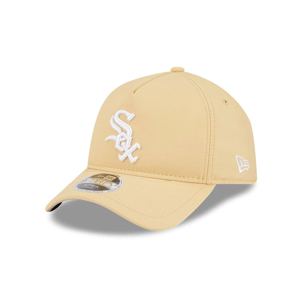 Chicago White Sox MLB Quickstrike Yellow New Era 9FORTY Apex Adjustable Cap, three-quarter view showing the white embroidered Sox logo on the front panel, curved visor with a 9FORTY size sticker, and white New Era flag logo on the left side.