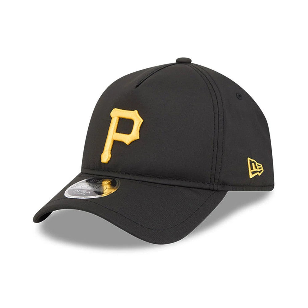 Pittsburgh Pirates MLB Quickstrike Black New Era 9FORTY Apex Adjustable Cap, three-quarter view showing the raised yellow P logo on the front panel, a 9FORTY size sticker on the black curved visor, and the New Era flag logo on the left side.