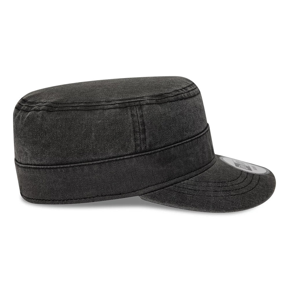 New Era LA Dodgers MLB Military Quickstrike Black Military Cap, side view showing the structured black crown with panel stitching and a curved visor, featuring a 9FORTY size sticker on the visor’s top surface.