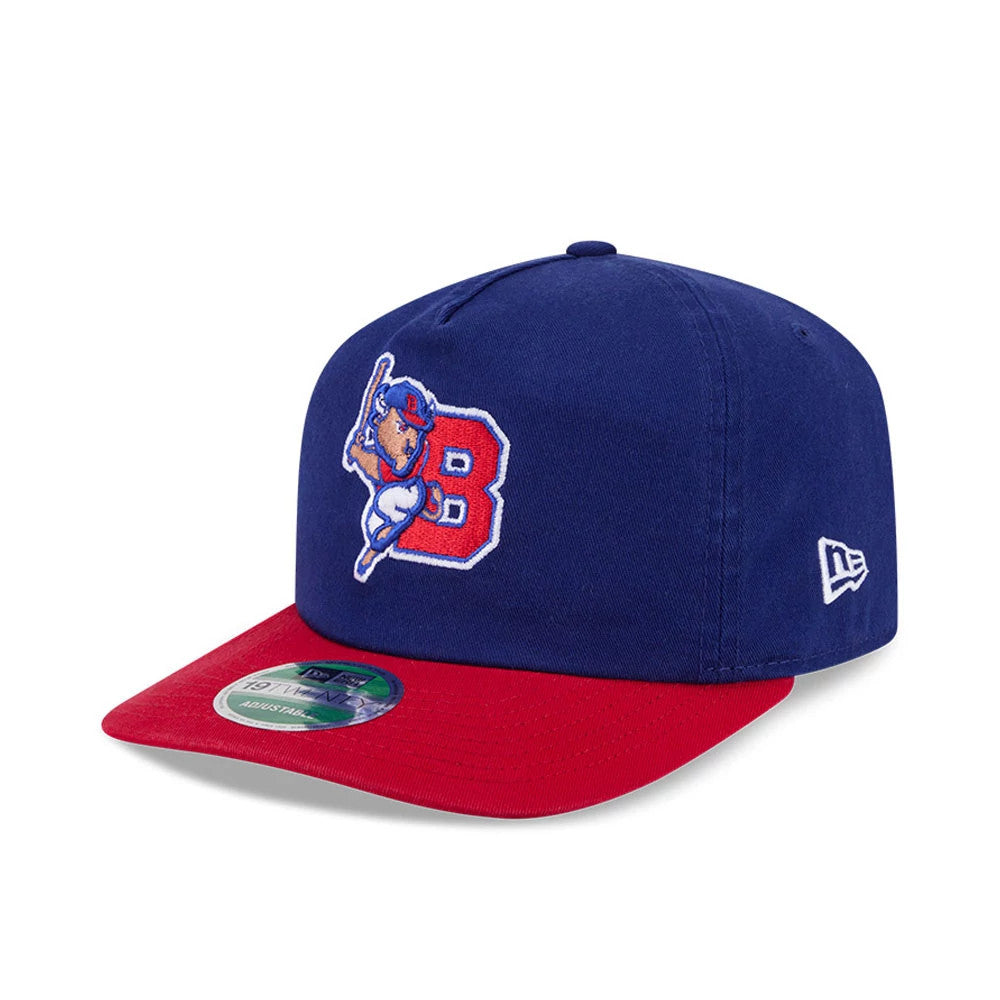 Buffalo Bisons MiLB On Field Player Replica Dark Blue New Era 19TWENTY Cap, front view showing the blue and red embroidered Buffalo Bisons logo on the front panel, a contrasting red visor, and the white New Era flag logo on the left side.