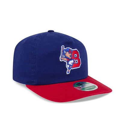 Buffalo Bisons MiLB On Field Player Replica Dark Blue New Era 19TWENTY Cap, three-quarter view showing the embroidered Buffalo Bisons logo on the front panel, a contrasting red visor, and a green 19TWENTY size sticker on the visor.
