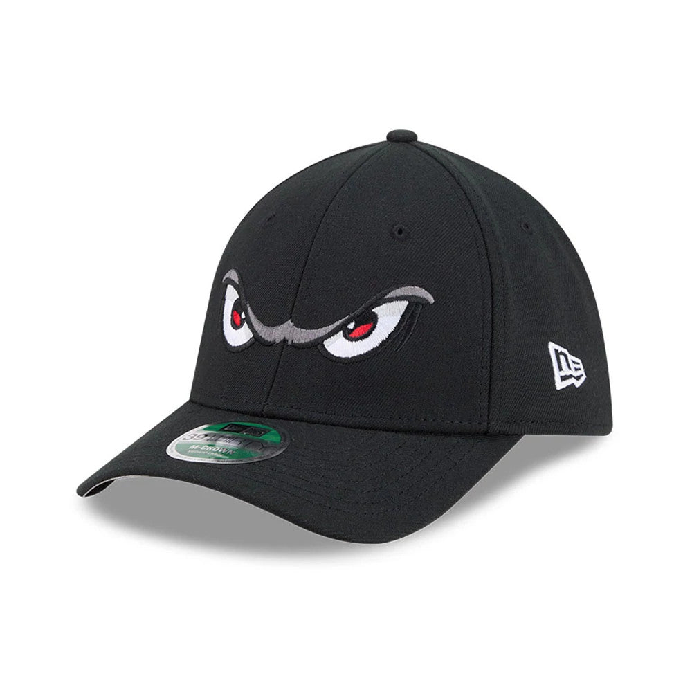 Pictured is this MiLB On Field Player Replica Lake Elsinore Storm 39THIRTY M-Crown Stretch Fit cap in Black. 1