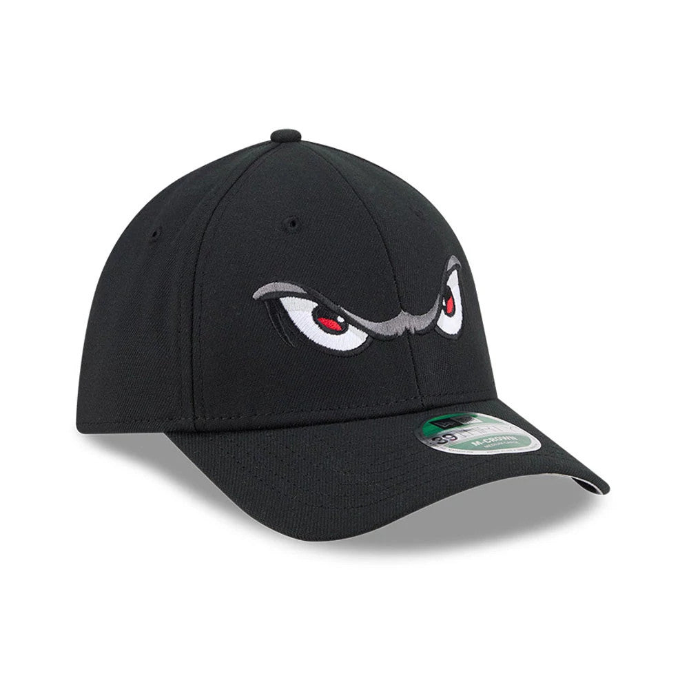Pictured is this MiLB On Field Player Replica Lake Elsinore Storm 39THIRTY M-Crown Stretch Fit cap in Black. 4