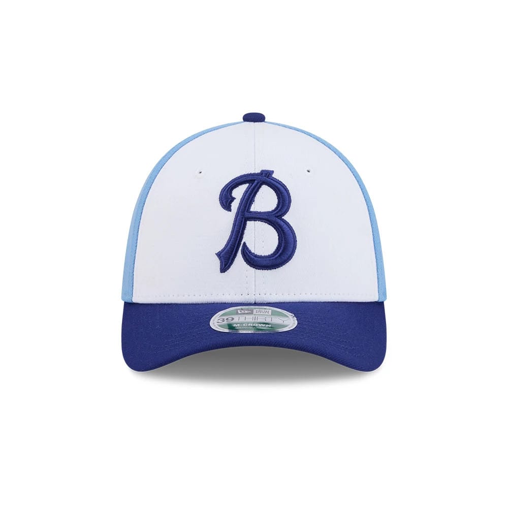 Pictured is this MiLB On Field Player Replica Buffalo Bisons 39THIRTY M-Crown Stretch Fit cap in blue. 3