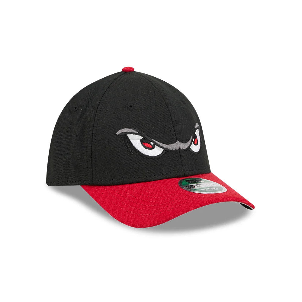 Pictured is this MiLB On Field Player Replica Lake Elsinore Storm 39THIRTY M-Crown Stretch Fit cap in Black. 4