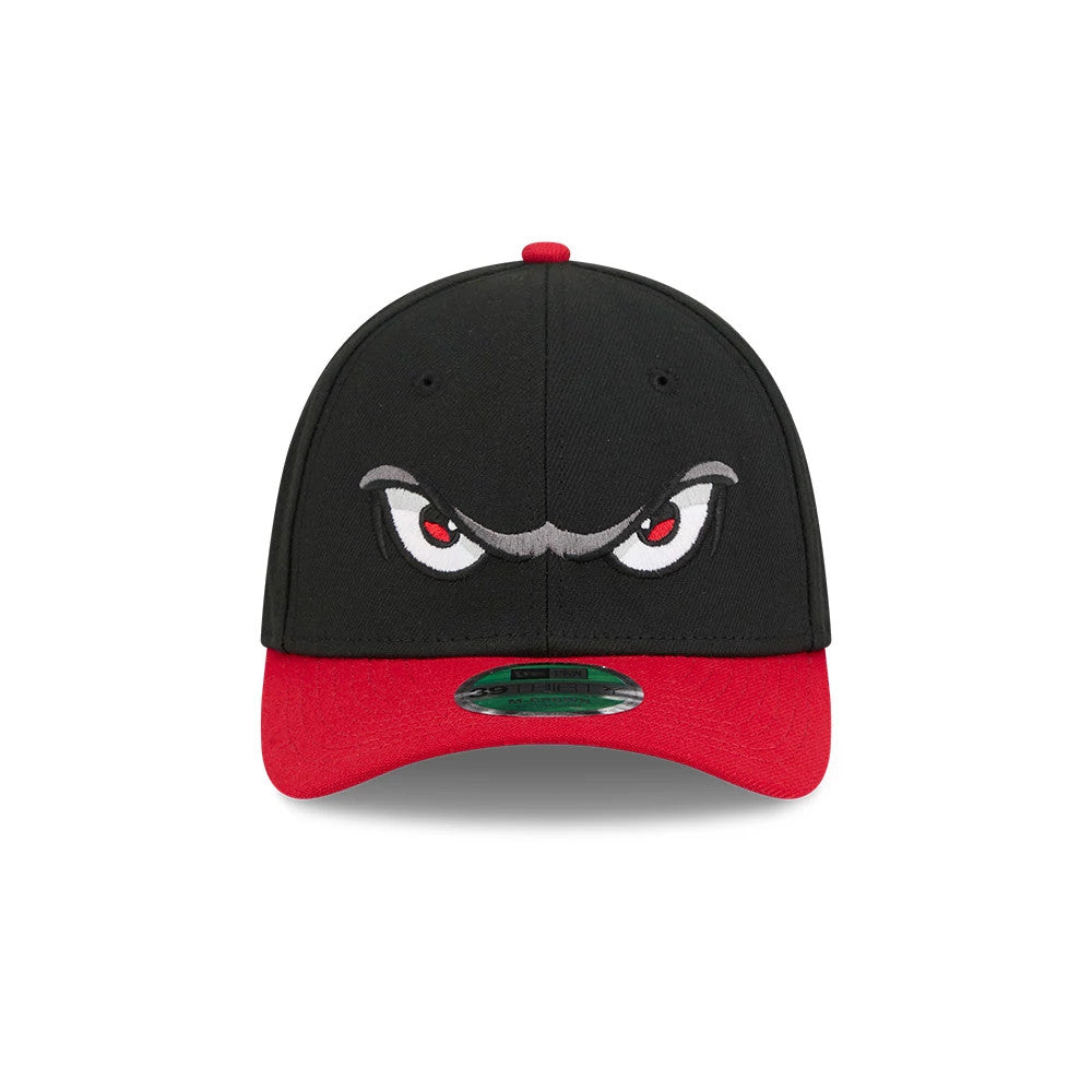 Pictured is this MiLB On Field Player Replica Lake Elsinore Storm 39THIRTY M-Crown Stretch Fit cap in Black. 3