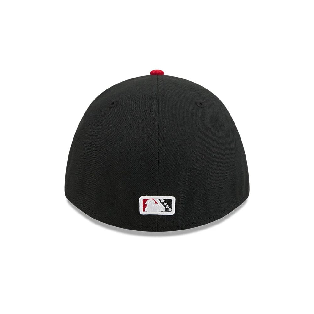 Pictured is this MiLB On Field Player Replica Lake Elsinore Storm 39THIRTY M-Crown Stretch Fit cap in Black. 7