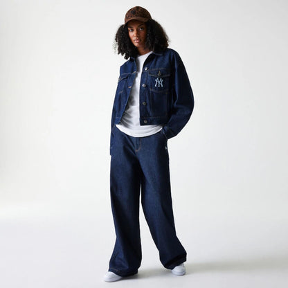 The model is wearing this Womens MLB Denim New York Yankees Jacket in dark blue. 7
