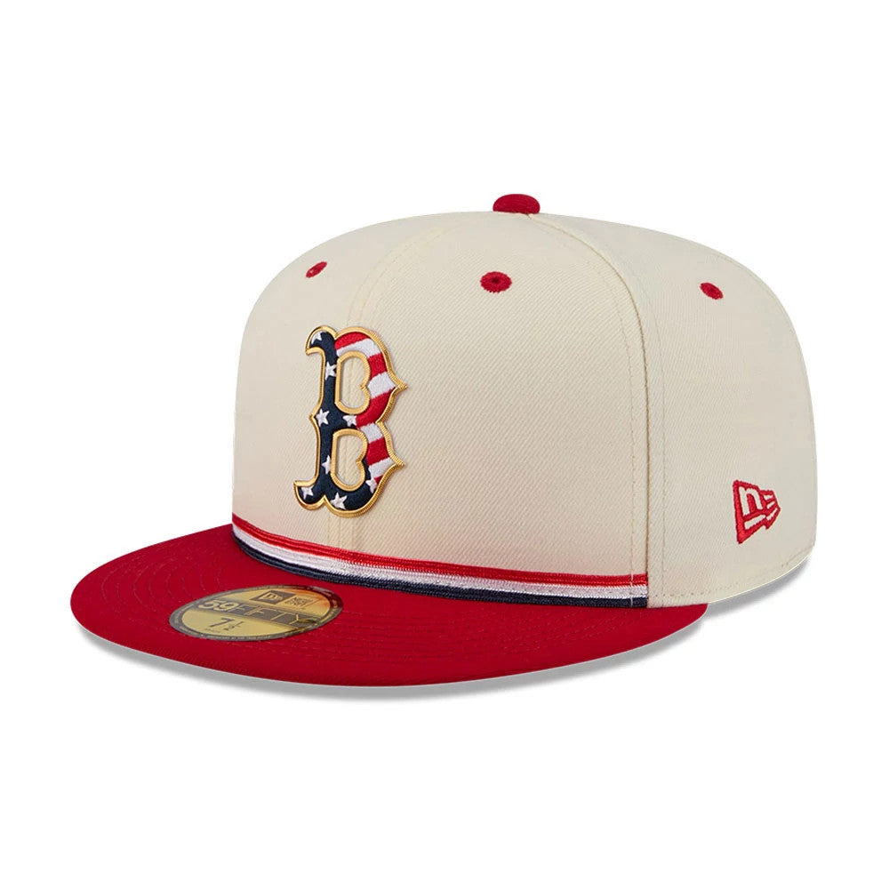 Pictured is this MLB 4th Of July 2026 Boston Red Sox 59FIFTY Fitted cap in red. 4