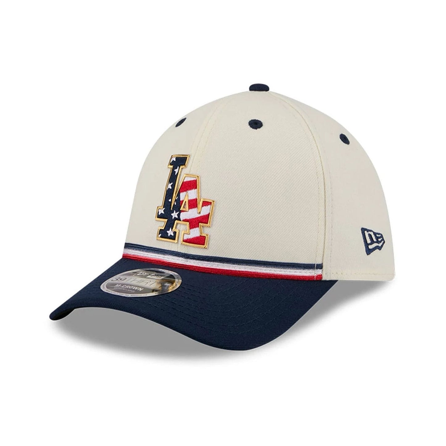 Pictured is this MLB 4th Of July 2026 LA Dodgers 39THIRTY M-Crown Stretch Fit cap in cream. 3