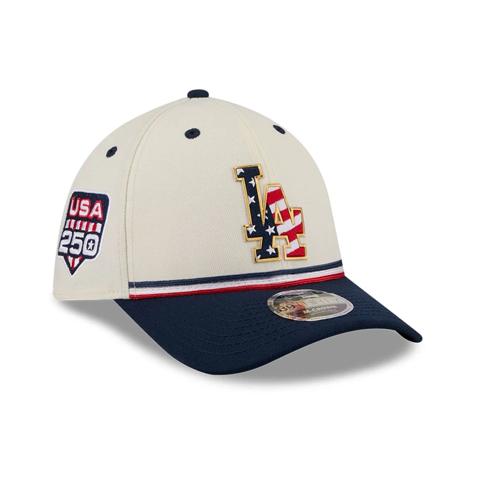 Pictured is this MLB 4th Of July 2026 LA Dodgers 39THIRTY M-Crown Stretch Fit cap in cream. 1
