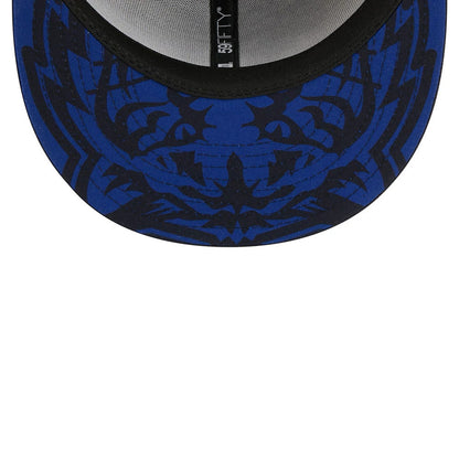 Detroit Tigers MLB City Connect Black New Era 59FIFTY Fitted Cap, inside view showing a blue and black graphic design on the undervisor, complemented by a black sweatband and black 59FIFTY taping along the seam for a contrast.