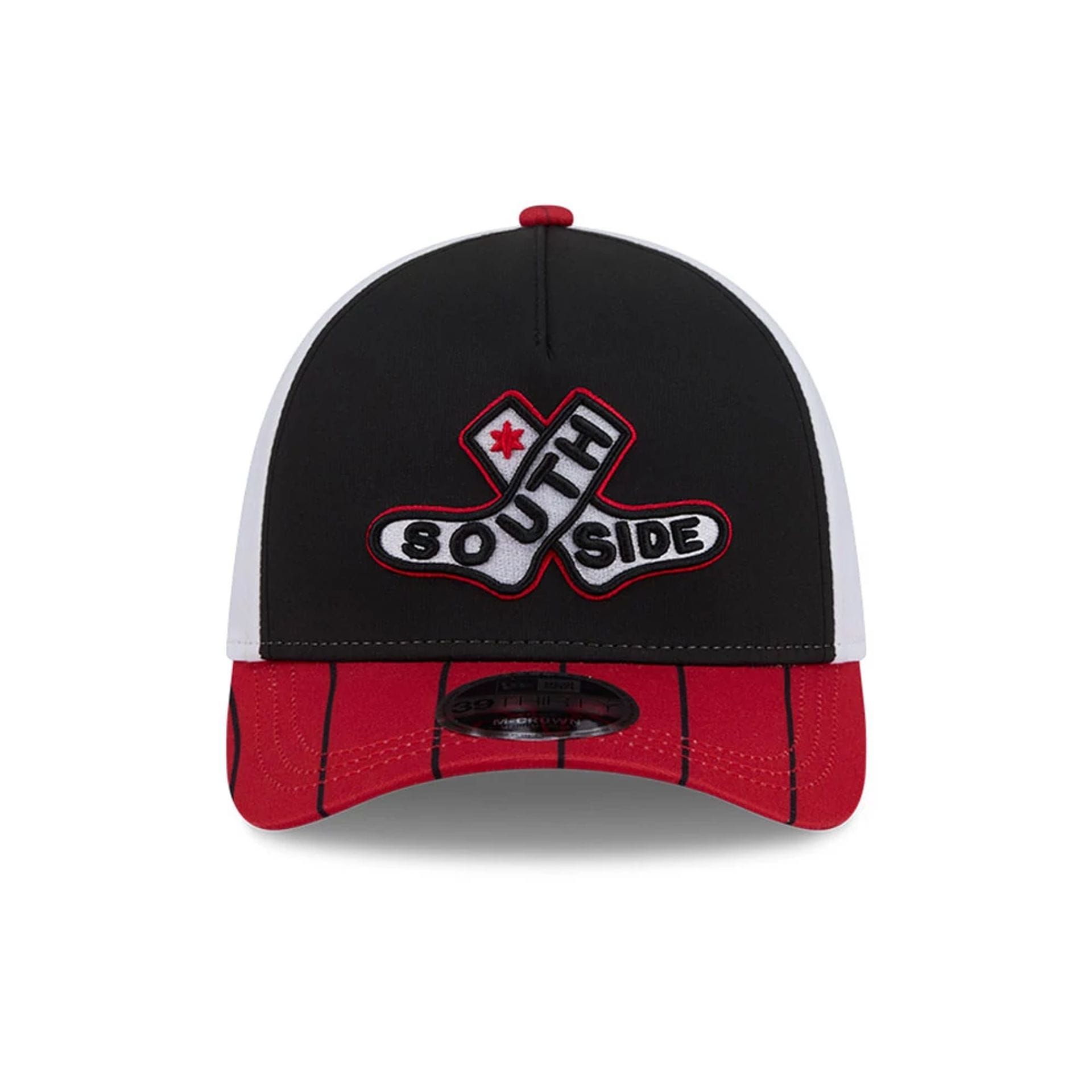 Pictured is this MLB City Connect Chicago White Sox 39THIRTY M-Crown A-Frame Stretch Fit cap in black. 3