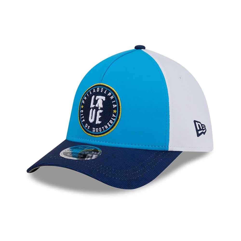 Pictured is this MLB City Connect Philadelphia Phillies 39THIRTY M-Crown A-Frame Stretch Fit cap in Blue. 4