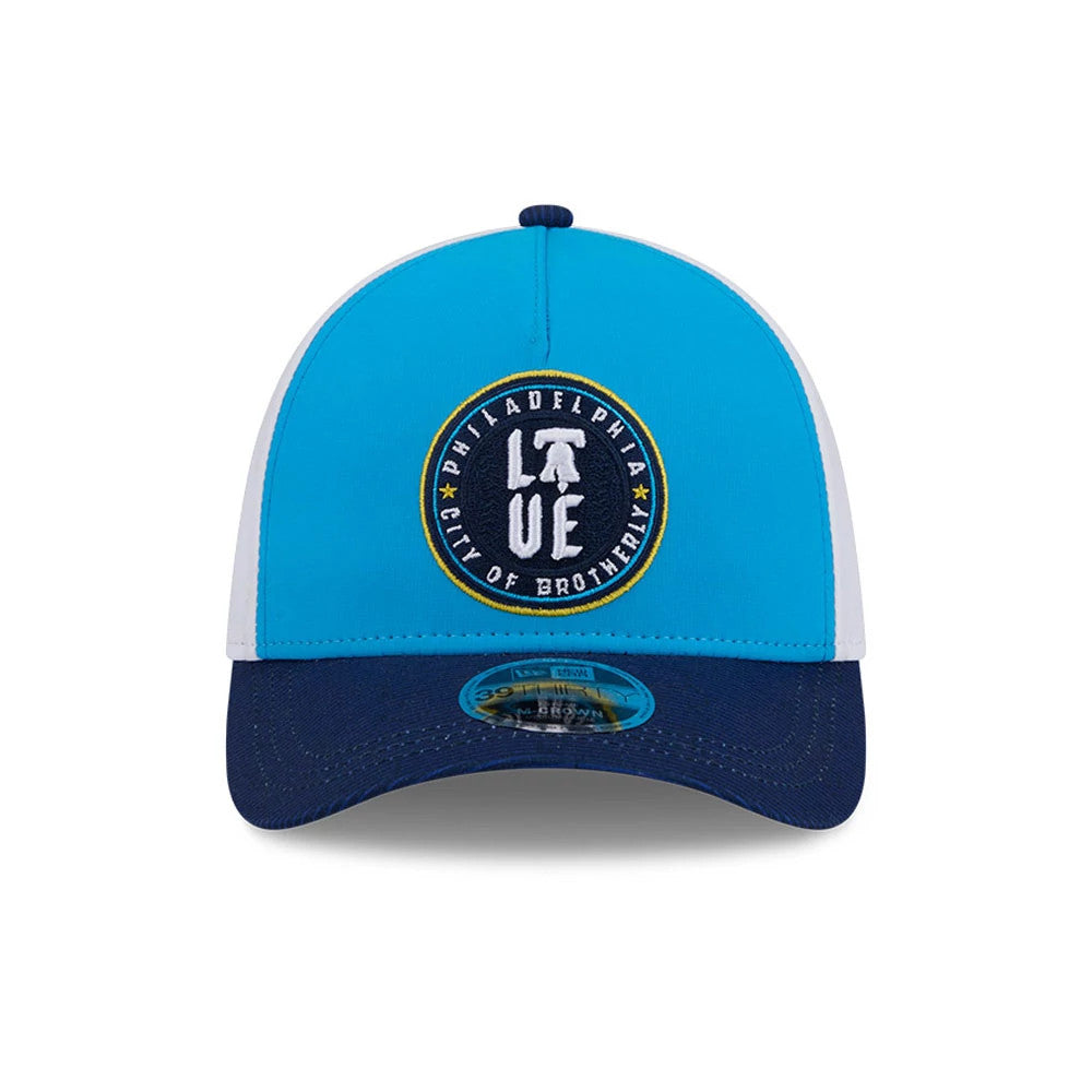 Pictured is this MLB City Connect Philadelphia Phillies 39THIRTY M-Crown A-Frame Stretch Fit cap in Blue. 3