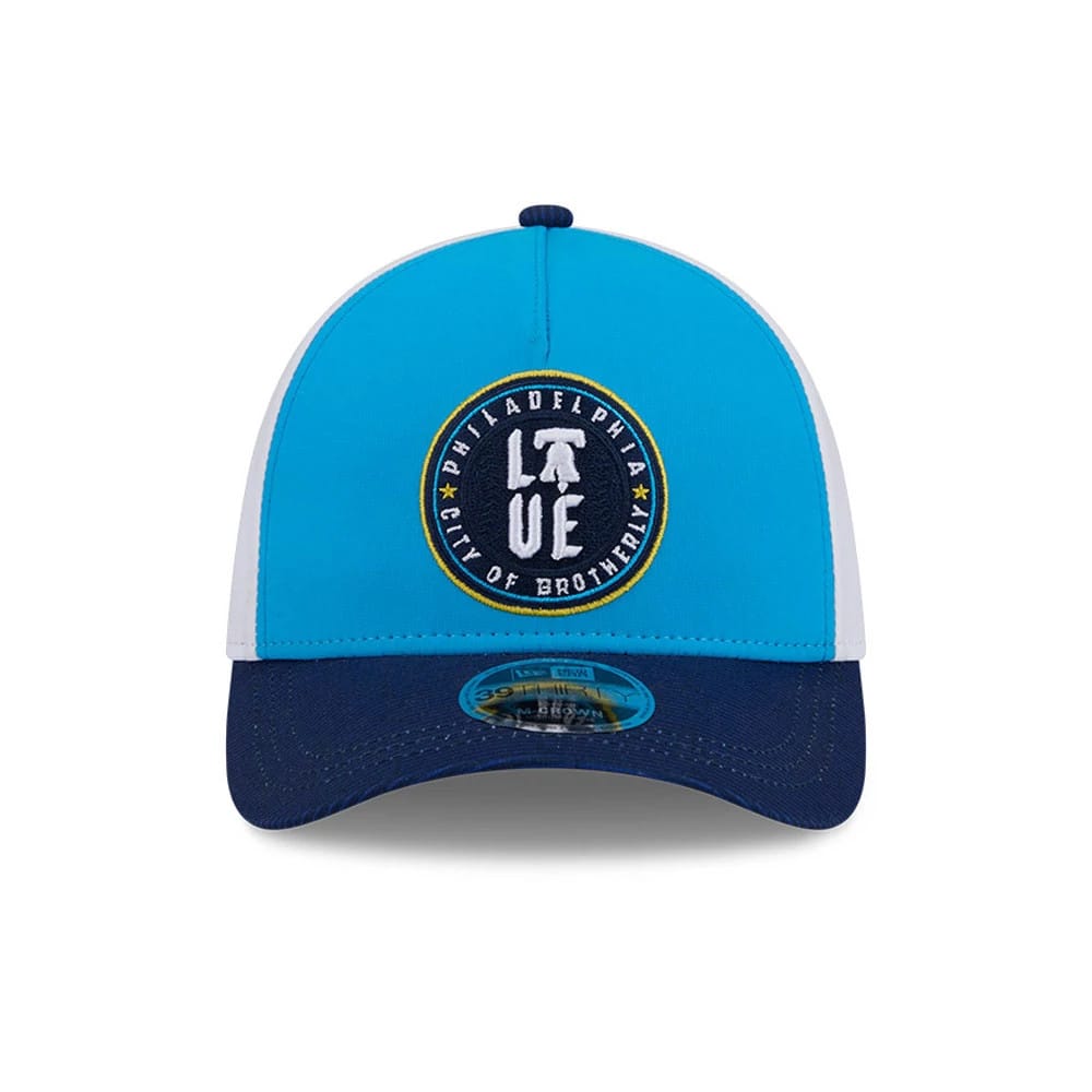 Pictured is this MLB City Connect Philadelphia Phillies 39THIRTY M-Crown A-Frame Stretch Fit cap in Blue. 3