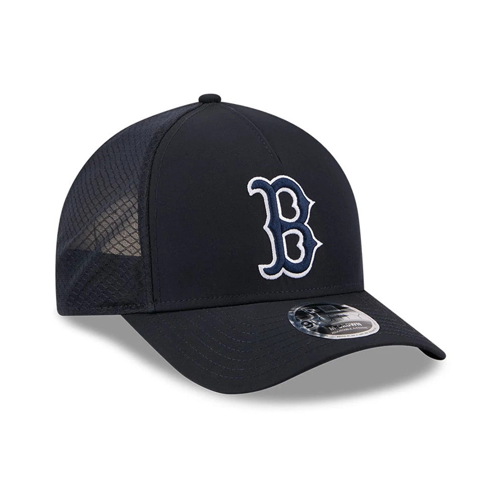 Pictured is this MLB Batting Practice 2026 Boston Red Sox 9FORTY M-Crown A-Frame Adjustable cap in navy. 3
