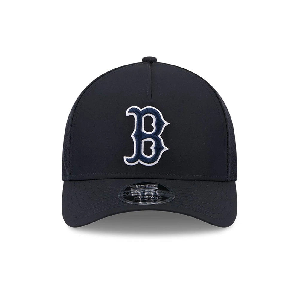 Pictured is this MLB Batting Practice 2026 Boston Red Sox 9FORTY M-Crown A-Frame Adjustable cap in navy. 2