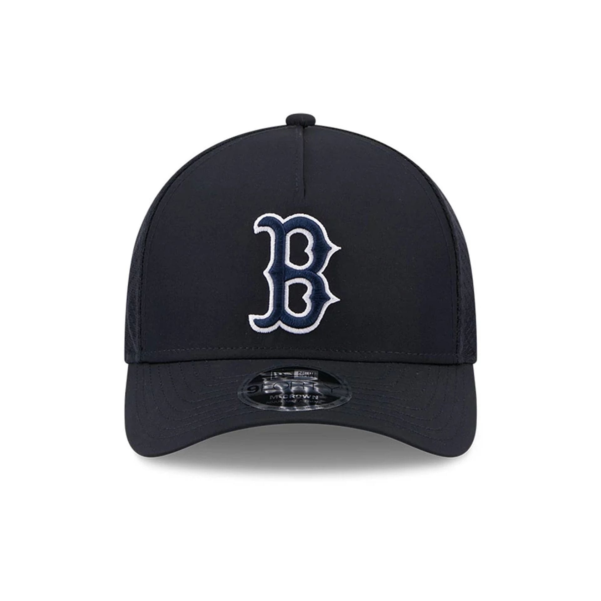 Pictured is this MLB Batting Practice 2026 Boston Red Sox 9FORTY M-Crown A-Frame Adjustable cap in navy. 2