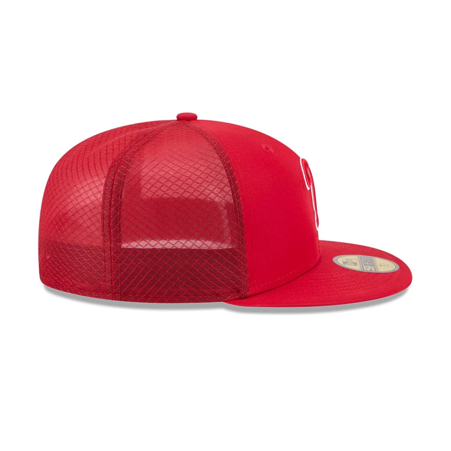 Pictured is this MLB Batting Practice 2026 Philadelphia Phillies 59FIFTY Fitted cap in red. 7