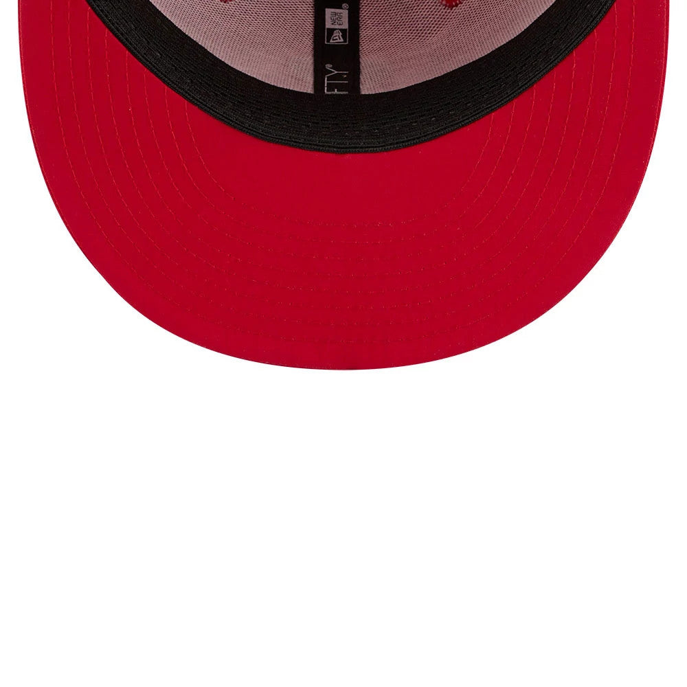 LA Angels MLB Batting Practice 2026 Red New Era 59FIFTY Fitted Cap, inside view showing the black sweatband and taping with the New Era branding, and a bright red undervisor contrasting against the neutral coloured interior fabric.