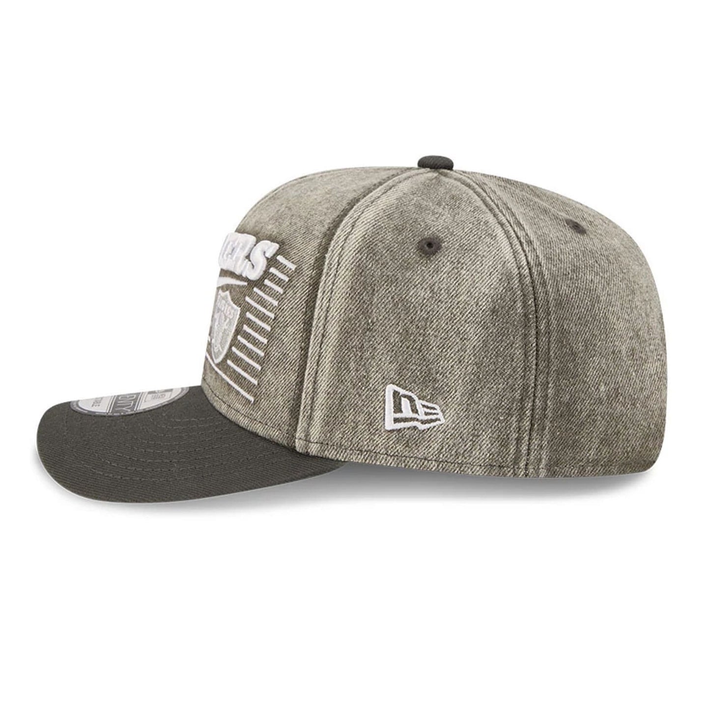Pictured is this NFL Washed Denim Las Vegas Raiders 9SEVENTY Stretch Snap cap in dark grey. 4