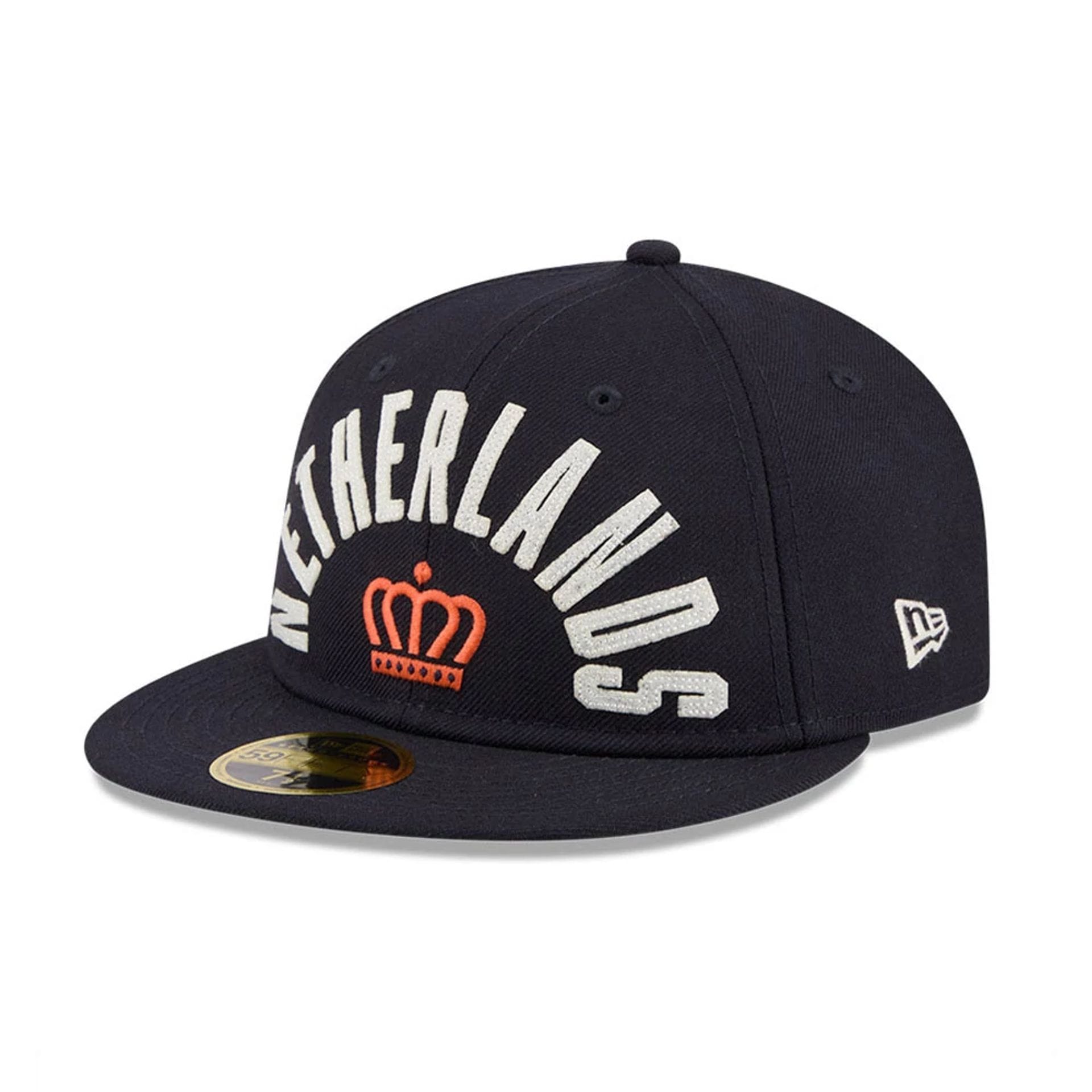Pictured is this WBC Classical Script Netherlands Retro Crown 59FIFTY Fitted cap in Navy. 4