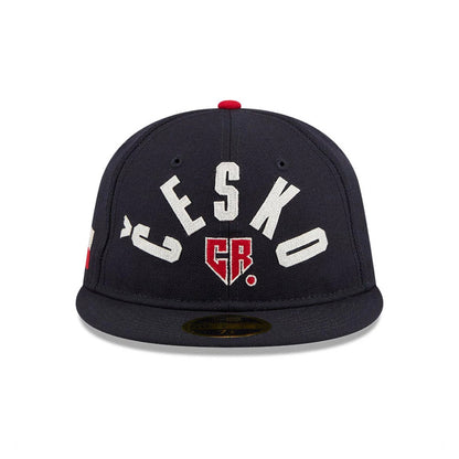 WBC Czech Republic Classical Script Navy Retro Crown New Era 59FIFTY Fitted Cap, front view showing white embroidered ČESKO text and a red CR logo on the navy front panel, with a matching navy flat visor and a gold 59FIFTY size sticker.