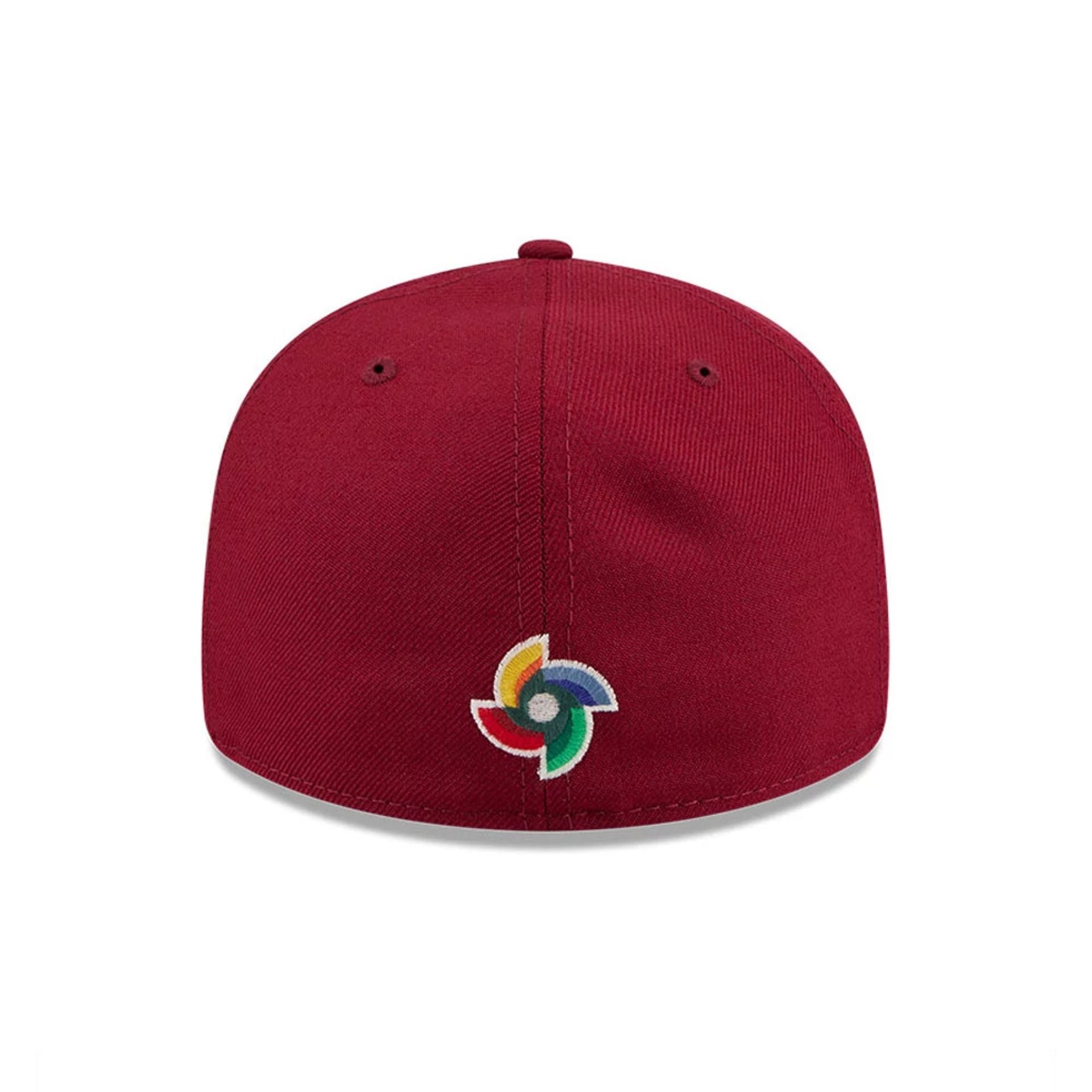 Pictured is this WBC Classical Script Venezuela Retro Crown 59FIFTY Fitted cap in dark red. 7