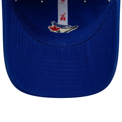 Toronto Blue Jays Ralph Lauren X MLB Navy New Era 9TWENTY Adjustable Cap, inside view showing a blue undervisor, white sweatband with a printed logo, and a vividly embroidered team logo featuring a red maple leaf and blue jay design.