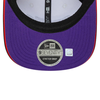 Aprilia Replica Marco Bezzecchi White New Era 9SEVENTY Stretch Snap Adjustable Cap, inside view showing a purple undervisor with a 9SEVENTY size sticker, black edge stitching, and taping with branding details.