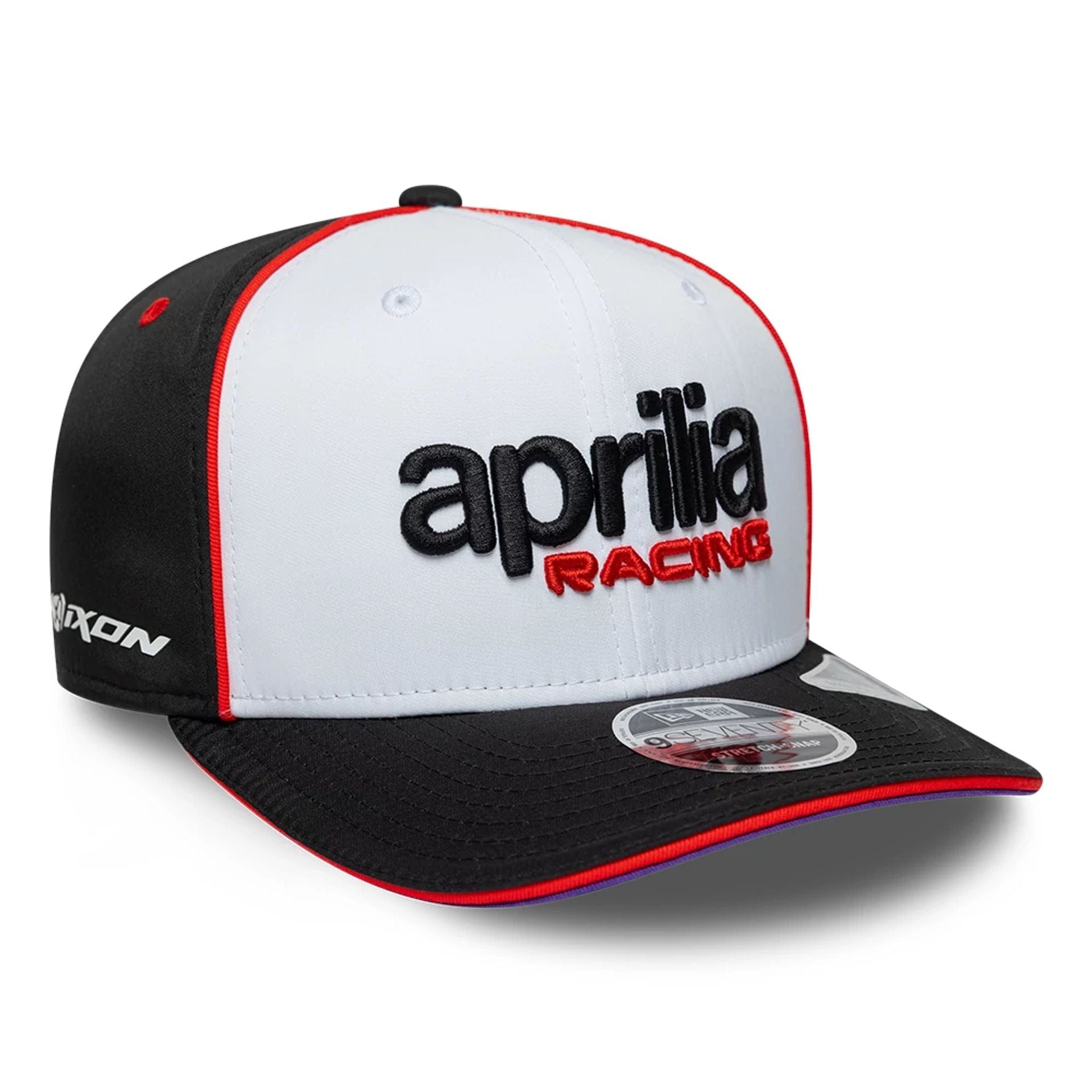 Pictured is this Aprilia Team 9SEVENTY Stretch Snap cap in white. 1