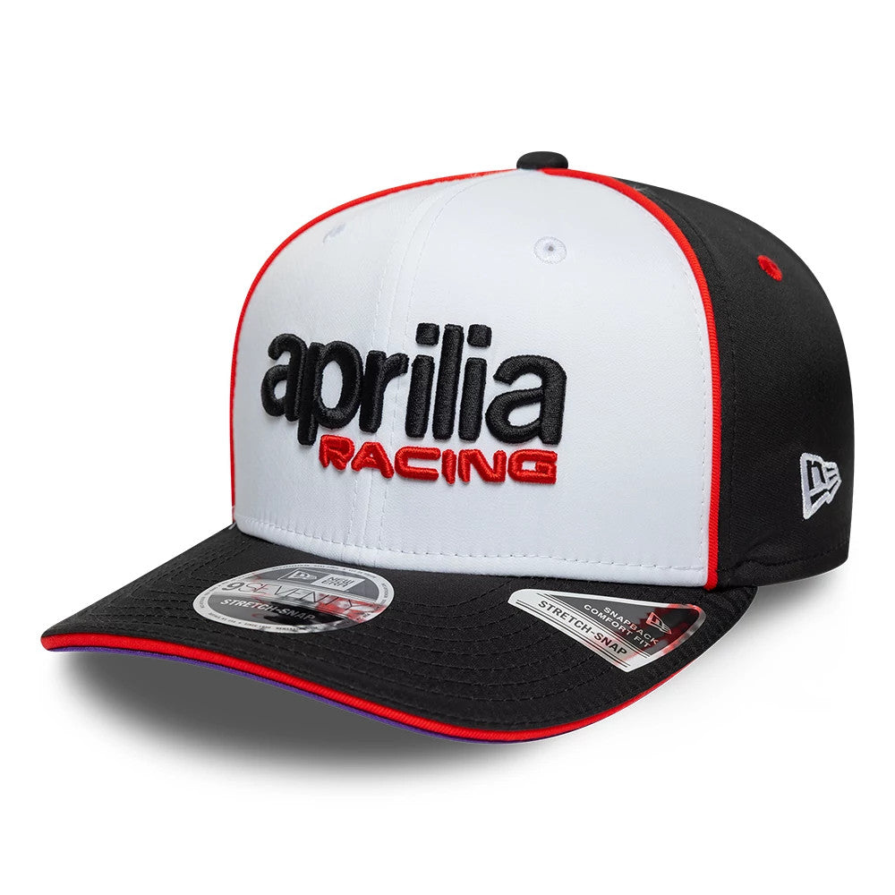 Pictured is this Aprilia Team 9SEVENTY Stretch Snap cap in white. 5